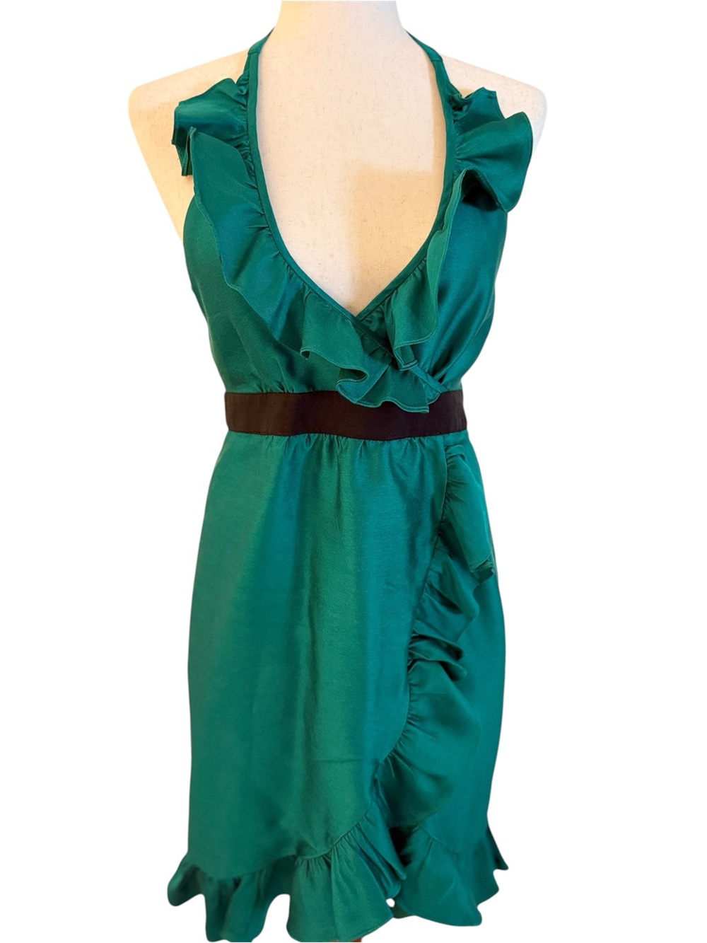 Tibi New York Emerald Green Ruffle Halter Dress Size 4